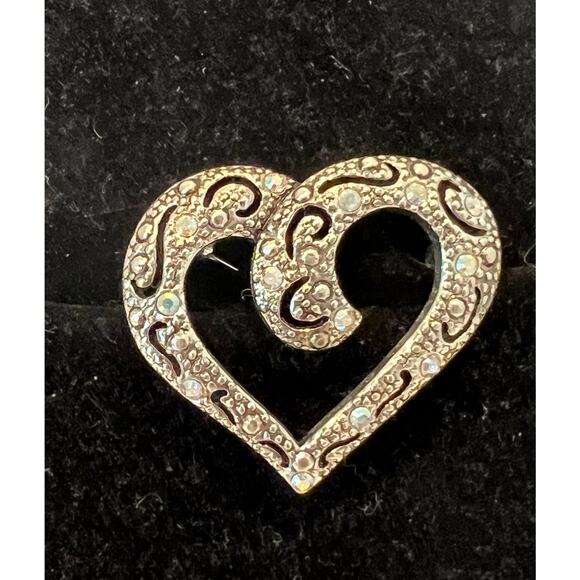 NWOT Faux Marcasite Heart with Aurora Borealis Crystal Rhinestones Brooch Pin - Picture 2 of 7
